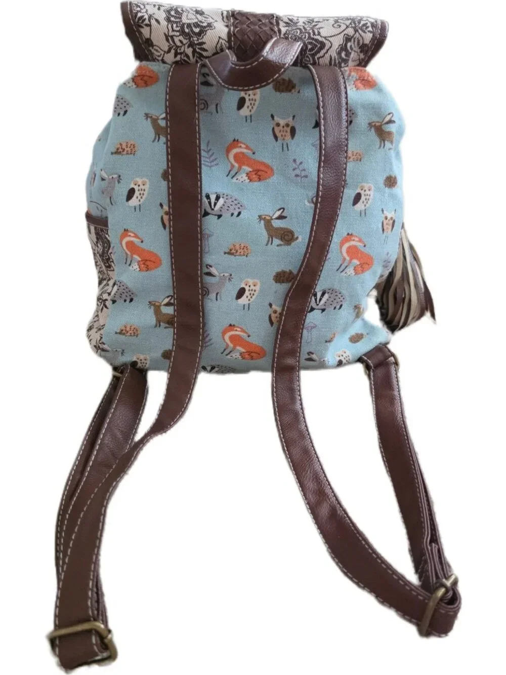 Unionbay Boho Woodland Animal Canvas Mini Backpack Rucksack Floral Tassel EUC